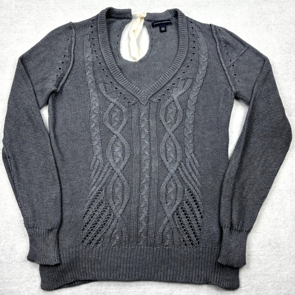 Banana Republic Sweater Womens Large Gray Cable Knit 100 Cotton Tie Back Keyhole
